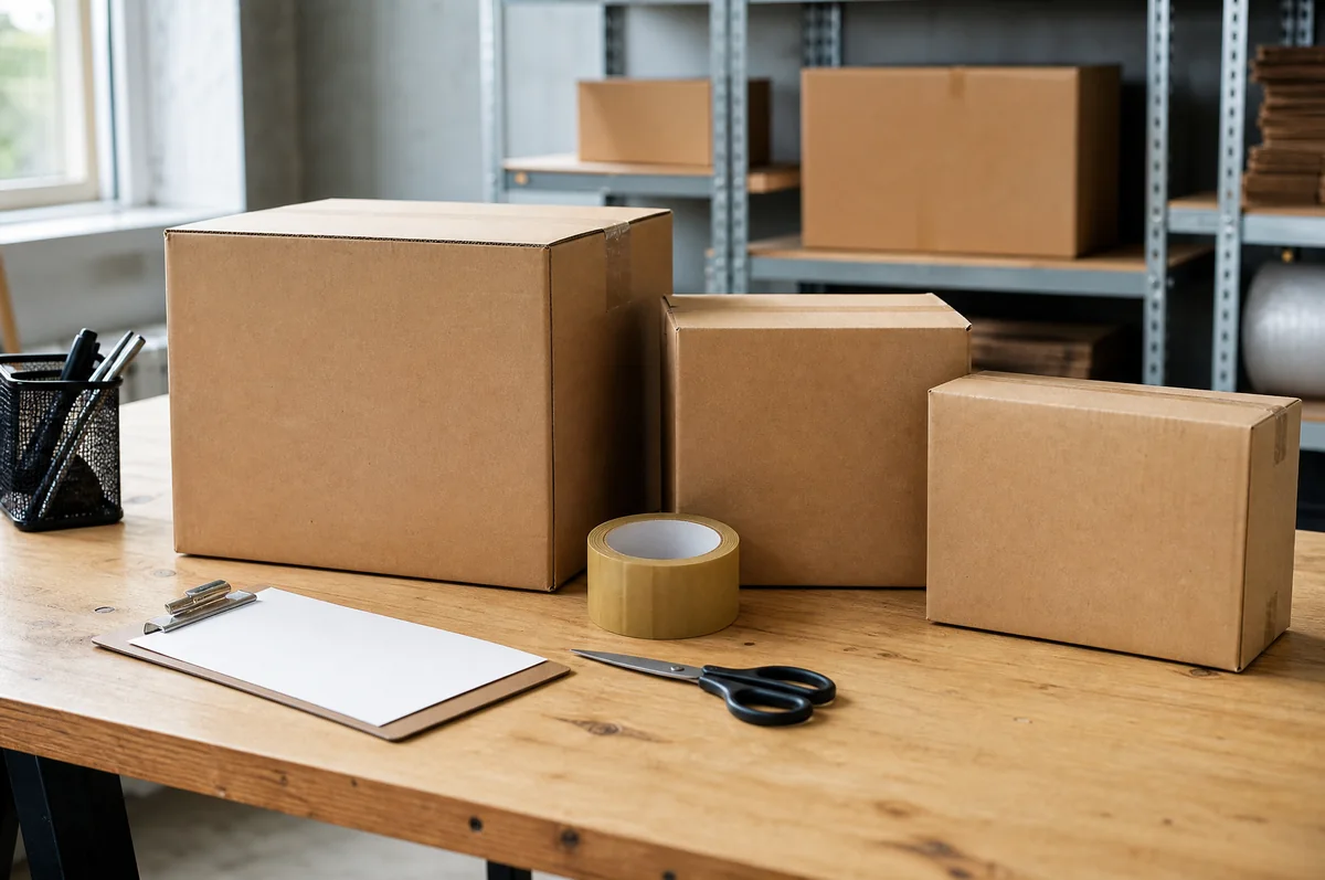 Packing station with cardboard boxes